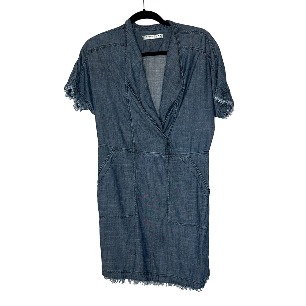 Trina Turk Women's Denim Dress Frayed Hem Short Sleeve Casual Blue Size Small